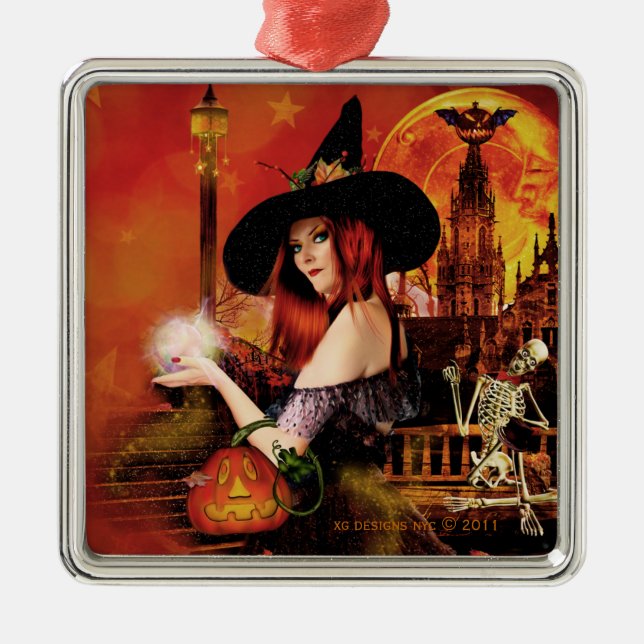 Magical Night Witch Silver Square Ornament (Front)