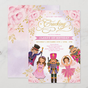 Magical Nutcracker Blush Gold Floral Girl Birthday Invitation
