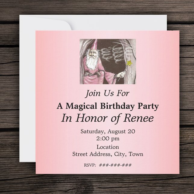Magical Old Wizard Elf Magic Wand Star Birthday Invitation (Magical Wizard in cave with ferret on pink Birthday party invitations.)