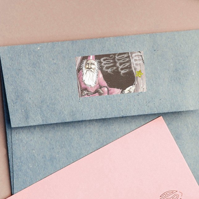 Magical Old Wizard Elf Magic Wand Star Rectangular Sticker (Old wizard in pink robe with ferret star wand in cave on rectangle stickers.)