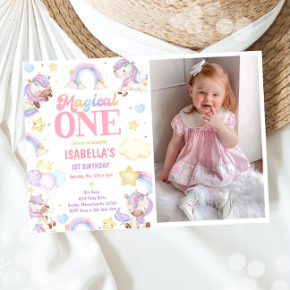 Magical One Rainbow Unicorn 1st Birthday Photo Invitation