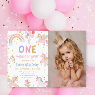 Magical One Unicorn 1st Birthday Party Photo Invitation