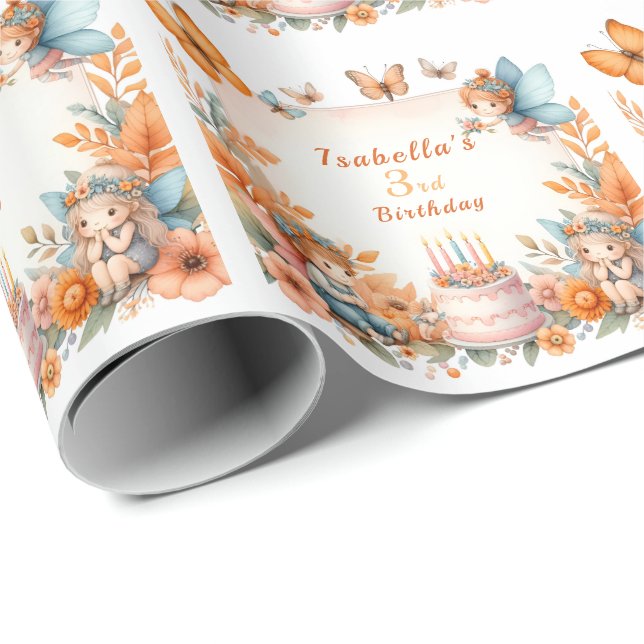 Magical Orange Fairy garden - Birthday  Wrapping Paper (Roll Corner)