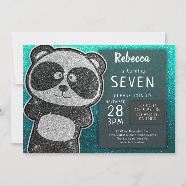 Magical Panda Birthday Black and White Glitter Invitation (Front)