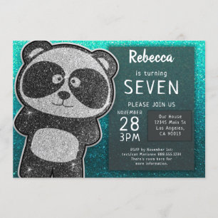 Magical Panda Birthday Black and White Glitter Invitation