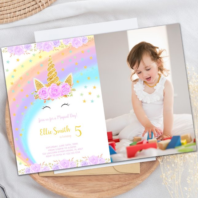 Magical Party Theme for Girls Invitation (Photo Rainbow Unicorn Birthday Invitations)