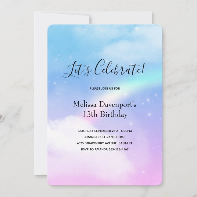 Magical Pastel Clouds and a Rainbow Birthday Invitation (Front)