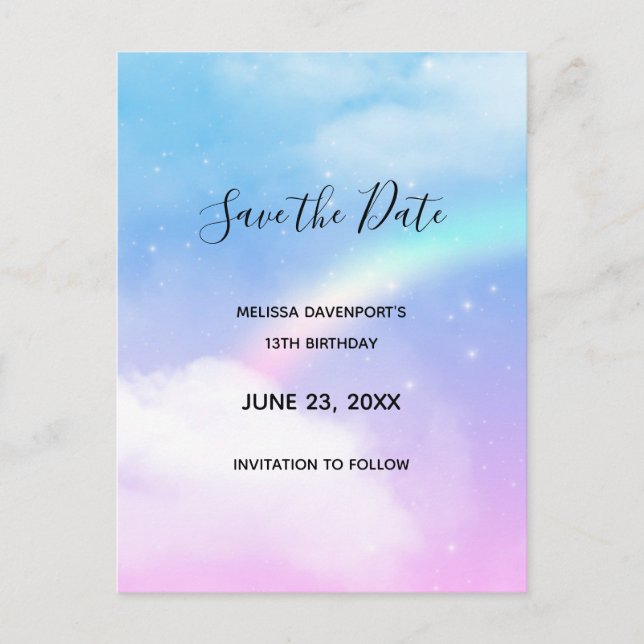 Magical Pastel Clouds and a Rainbow Save the Date Invitation Postcard (Front)