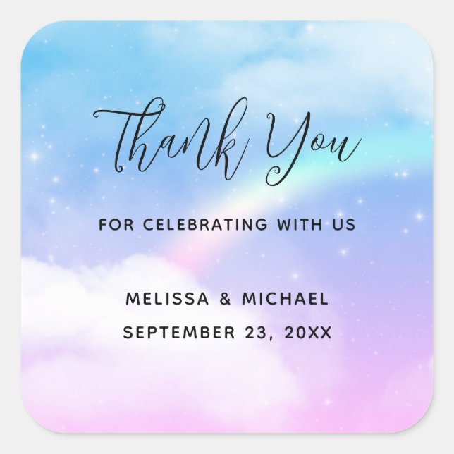 Magical Pastel Clouds and a Rainbow Thank You Square Sticker (Front)