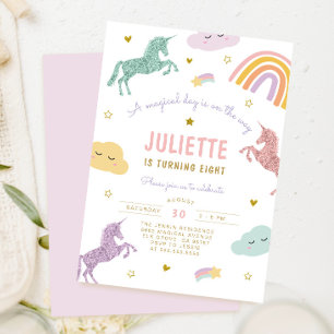 Magical Pastel Glitter Unicorn Rainbow Birthday In Invitation