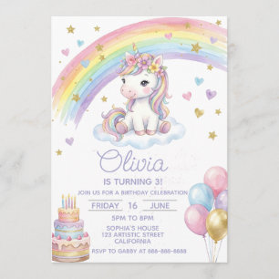Magical Pastel Rainbow Unicorn Girly Birthday Invitation