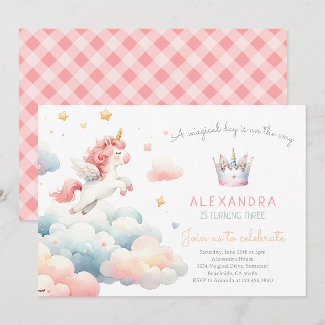 Magical Pastel Unicorn Birthday Party Invitation (Front/Back)