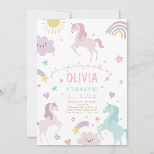 Magical Pastel Unicorn Rainbow Birthday Party  Invitation (Front)