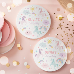 Magical Pastel Unicorn Rainbow Birthday Party Round Paper Coaster