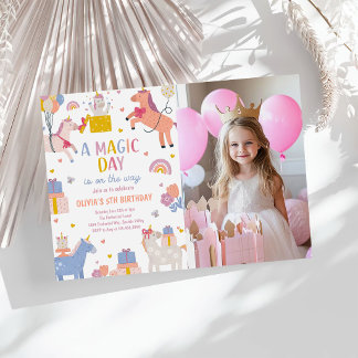 Magical Pastel Unicorn Rainbow Birthday Photo Invitation