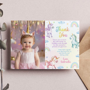 Magical Pastel Unicorn Rainbow Birthday Photo  Thank You Card