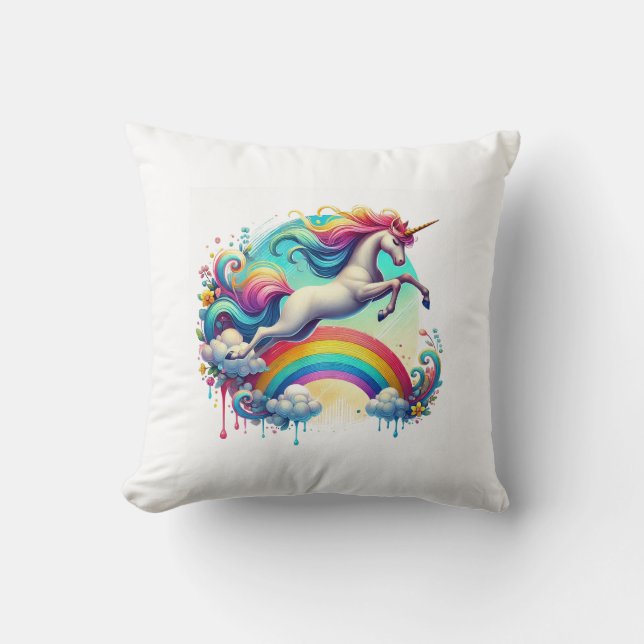  magical picture of a unicorn jumping over rainbow cushion (Front)