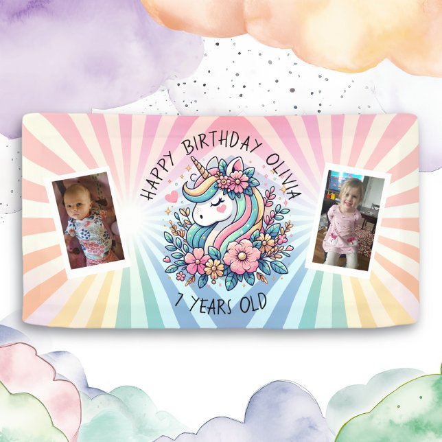 Magical Pink and Gold Unicorn and Flowers Birthday Banner (Creator Uploaded)