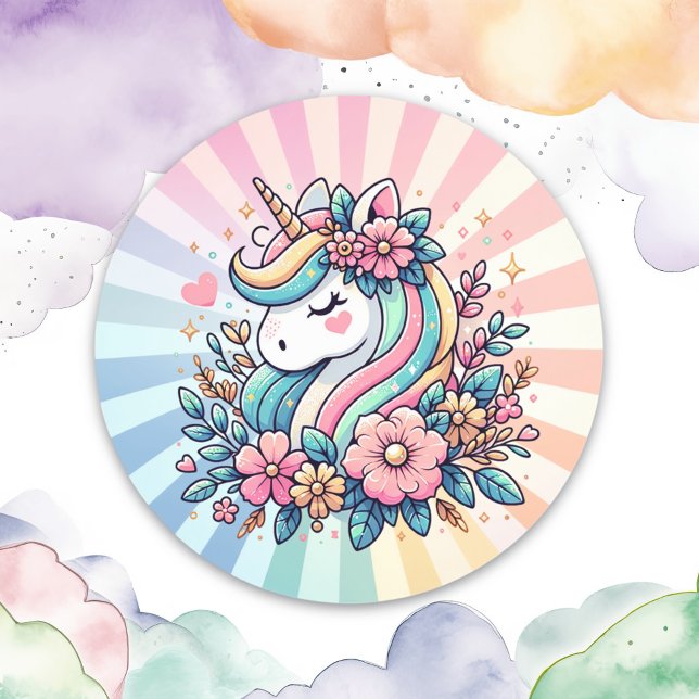 Magical Pink and Gold Unicorn and Flowers Classic Round Sticker (Creator Uploaded)