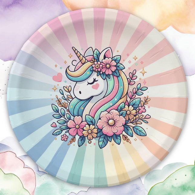 Magical Pink and Gold Unicorn and Flowers Paper Plate (Creator Uploaded)