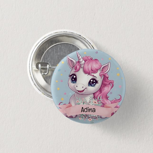 Magical Pink Baby Unicorn Stars Custom Name 3 Cm Round Badge (Front & Back)