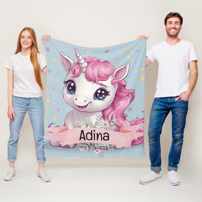 Magical Pink Baby Unicorn Stars Custom Name Fleece Blanket (In Situ)