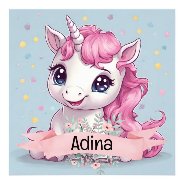 Magical Pink Baby Unicorn Stars Custom Name Photo Print (Front)