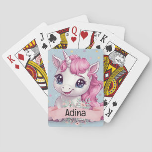 Magical Pink Baby Unicorn Stars Custom Name Playing Cards