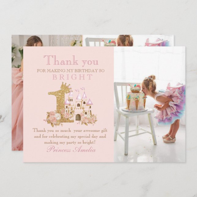 Magical pink Castle Kingdom Birthday Thank You Card (Front/Back)