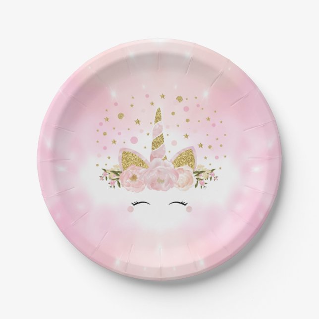 Magical Pink Clouds Unicorn Galaxy Girl Birthday Paper Plate (Front)