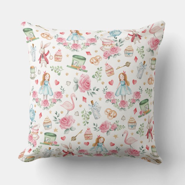 Magical Pink Floral Alice in Wonderland  Cushion (Front)