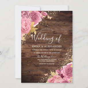 Magical Pink Flowers with Glitter Rustic Wedding Invitation