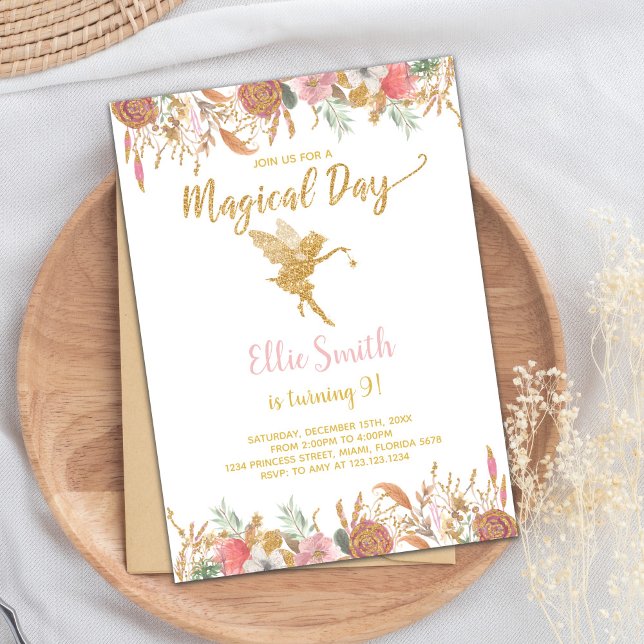 Magical Pink Garden Party Card (Glitter Floral Fairy Birthday Invitations)