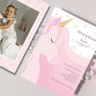 Magical Pink Gold Unicorn 2nd Birthday Photo Invitation
