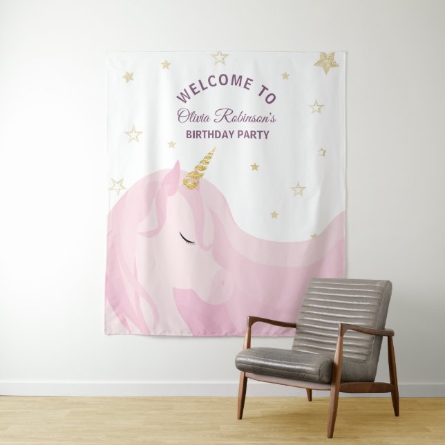 Magical Pink Gold Unicorn Birthday Backdrop Tapestry (In Situ)