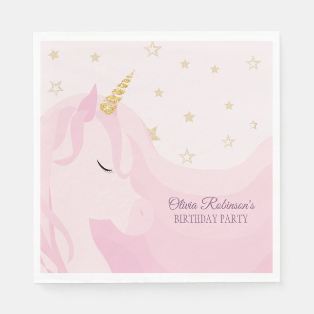 Magical Pink Gold Unicorn Birthday  Napkin (Front)