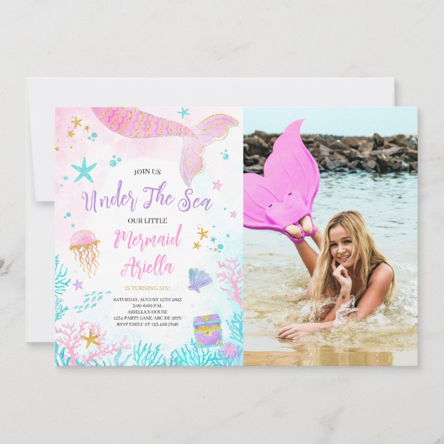 Magical Pink Mermaid Birthday Photo Invitation (Front)