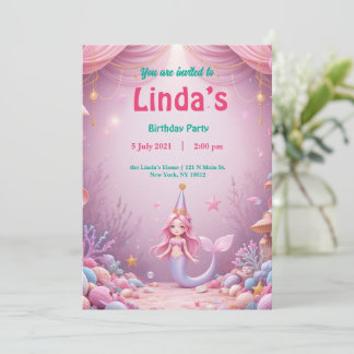 Magical Pink Mermaid Party Birthday Invitation 