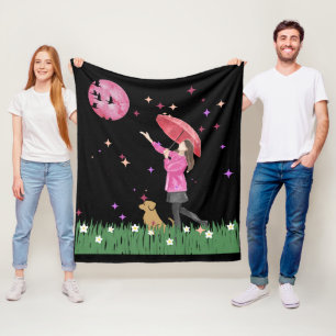 Magical Pink Moon & Dog Walk Watercolor Fleece Blanket