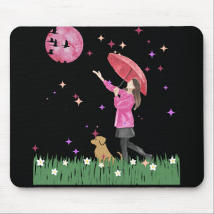 Magical Pink Moon & Dog Walk Watercolor Mouse Pad