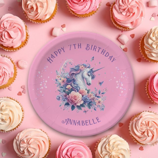 Magical Pink Purple Unicorn Girls Birthday  Paper Plate (Creator Uploaded)