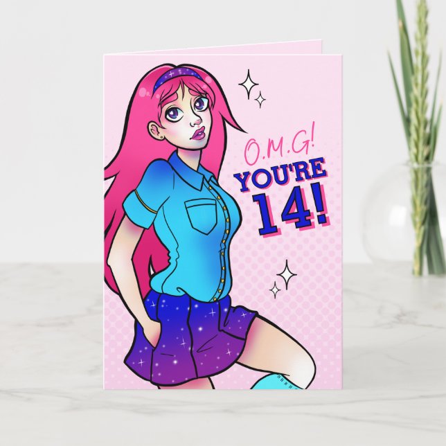 Magical Pink Sparkle School Girl 14th Birthday Card (Front)