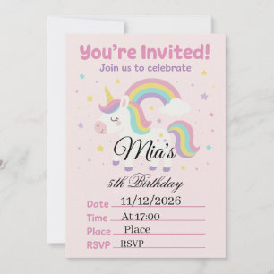 Magical Pink Unicorn Birthday Invitation   5x7" Gi