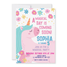Magical Pink Unicorn Birthday Invitation Rainbow