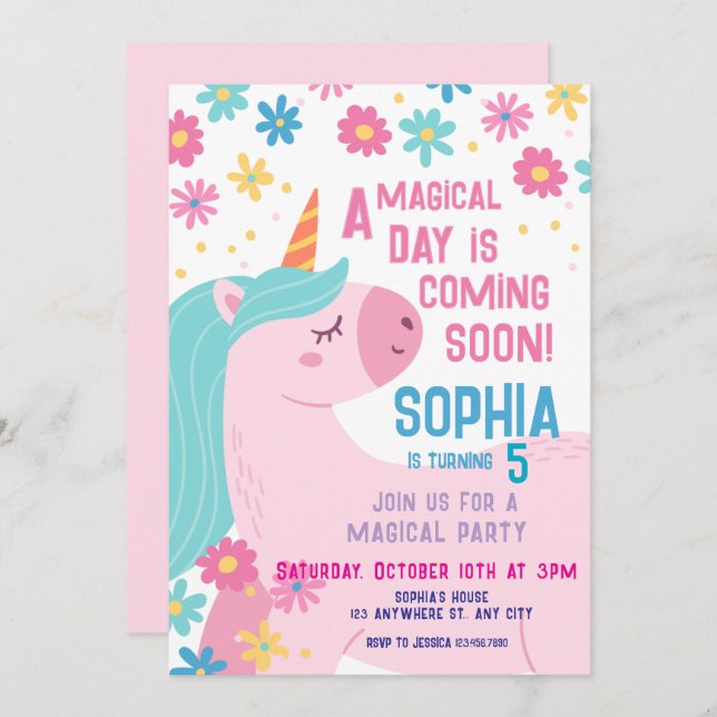 Magical Pink Unicorn Birthday Invitation Rainbow (Front/Back)