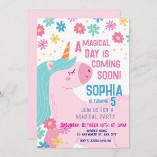 Magical Pink Unicorn Birthday Invitation Rainbow