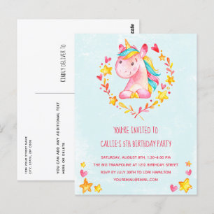 Magical Pink Unicorn Birthday Party Invitation Postcard