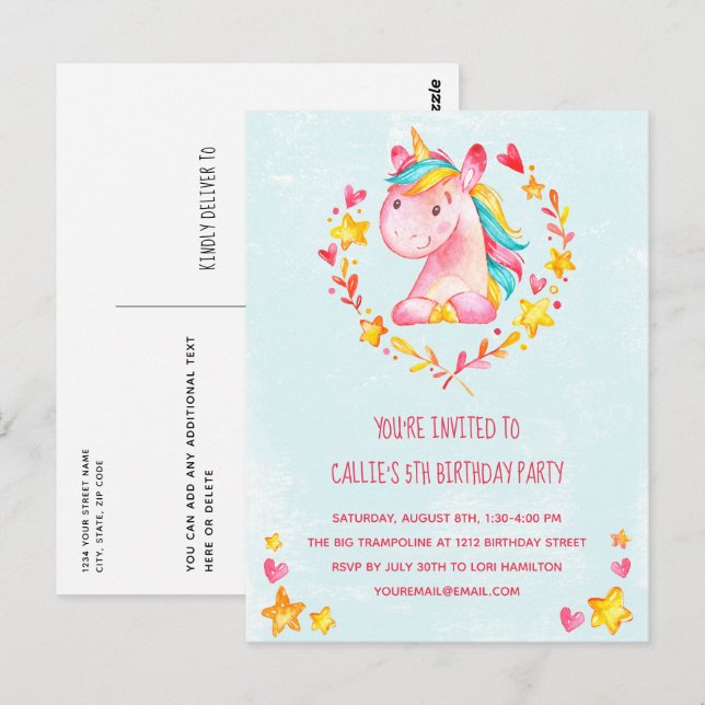 Magical Pink Unicorn Birthday Party Invitation Postcard (Front/Back)