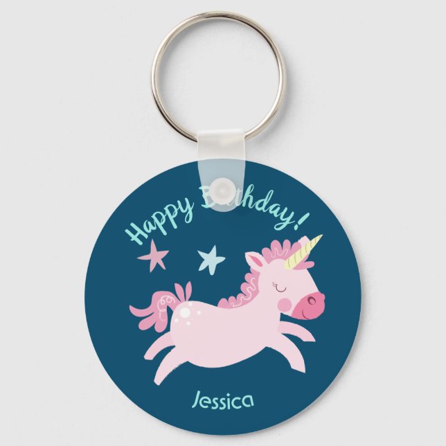Magical Pink Unicorn Custom Name Key Ring (Front)