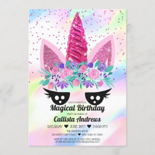 Magical Pink Unicorn Floral Glitter Birthday Invitation
